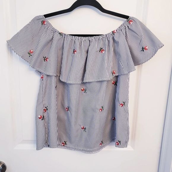 Girl Evolution Women's Blue and White Stripe Top with Roses Size Medium - Picture 5 of 5